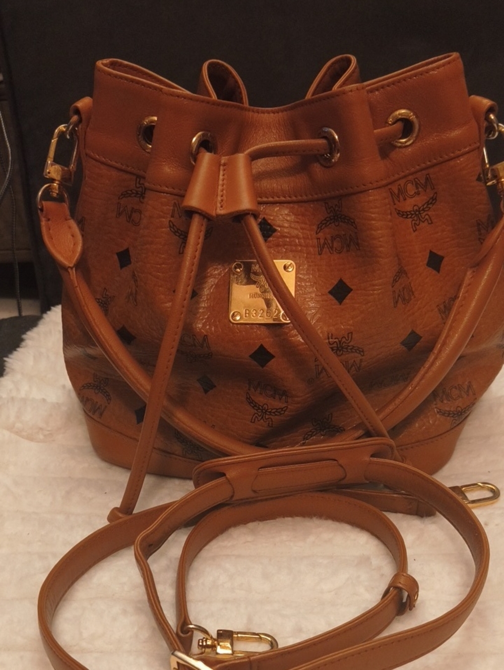Pre-owned Original MCM Cognac Visetos Monogram Drawstring Shoulder Bucket Bag